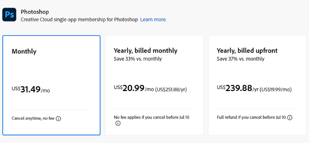 cost of one time download photoshop