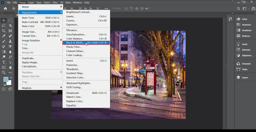 Convert a color image to black and white in Photoshop and share