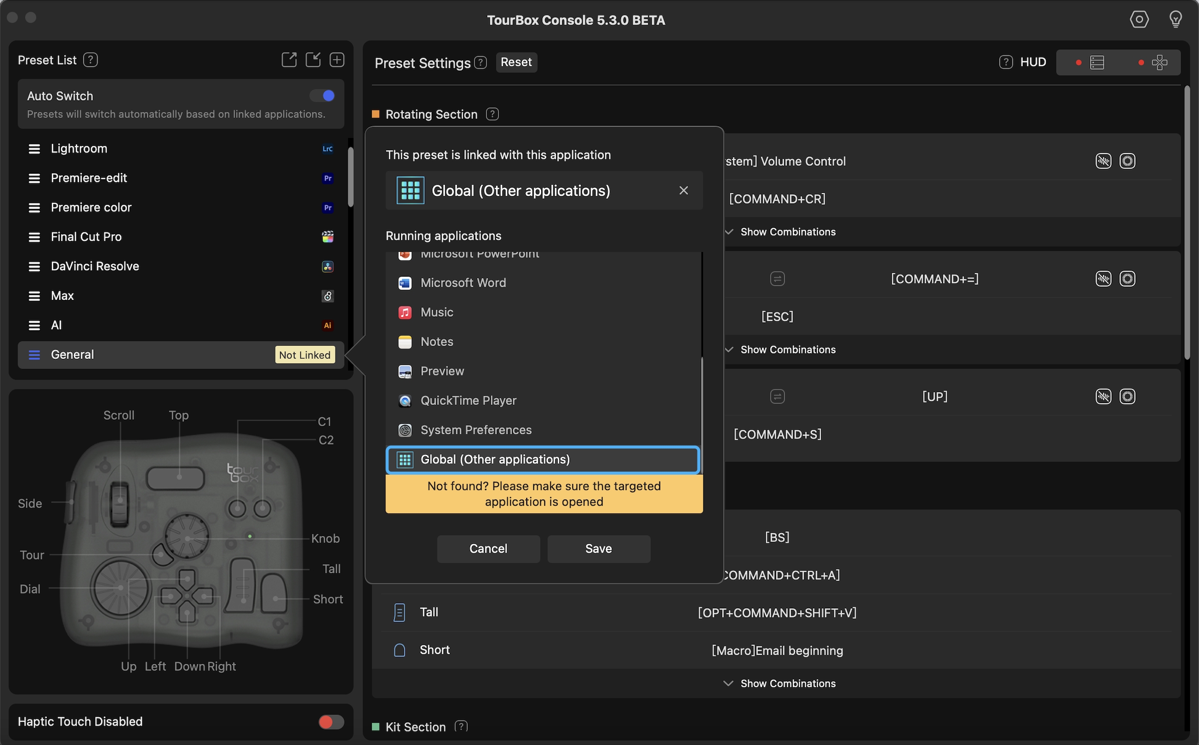 global presets in TourBox